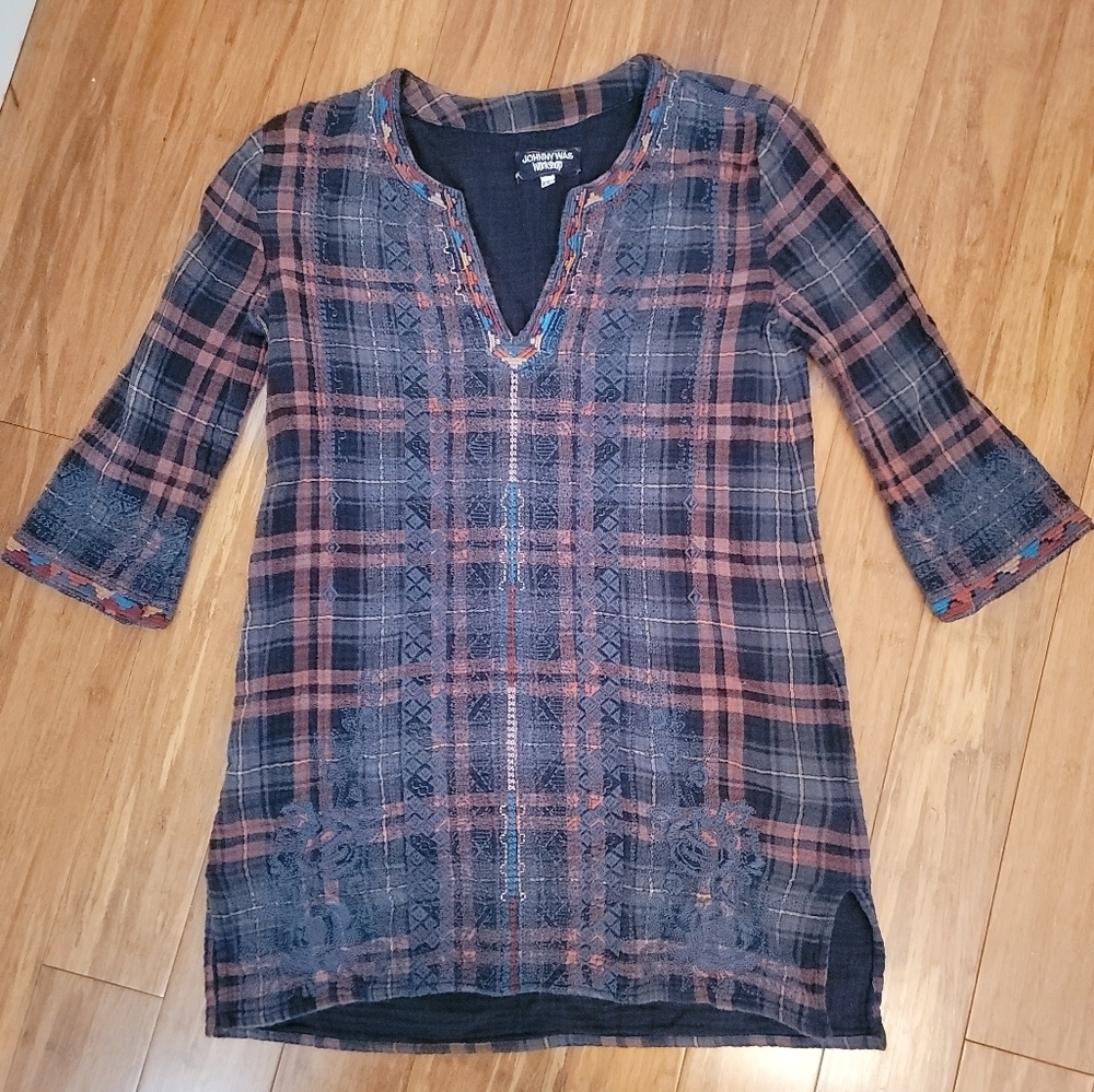 Johnny Was Workshop Plaid and  Embroidered Top XS - Picture 4 of 4